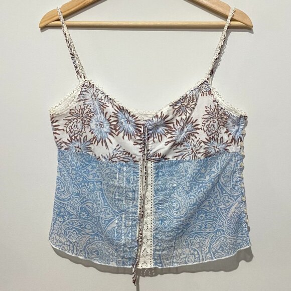 Vintage Y2K Guess Camisole Top Blue Paisley Brown Floral Lace Babydoll Cotton - Picture 2 of 16